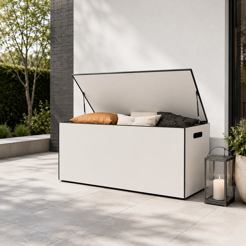 Weiße BOXA Kissenbox aus HPL offen auf moderner Winterterrasse mit Kissen und Auflagen