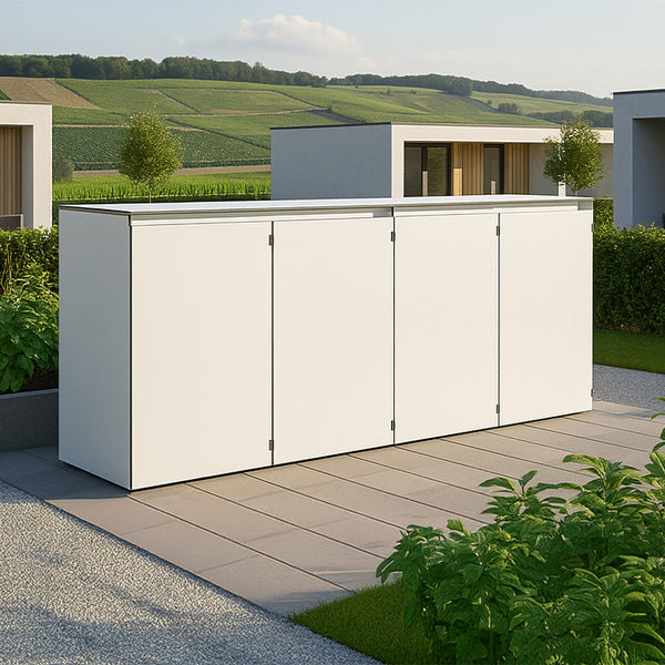Weiße HIDEA Design Mülltonnenbox aus HPL als 4er Box in einem modernen Vorgarten vor zeitgenössischer Architektur