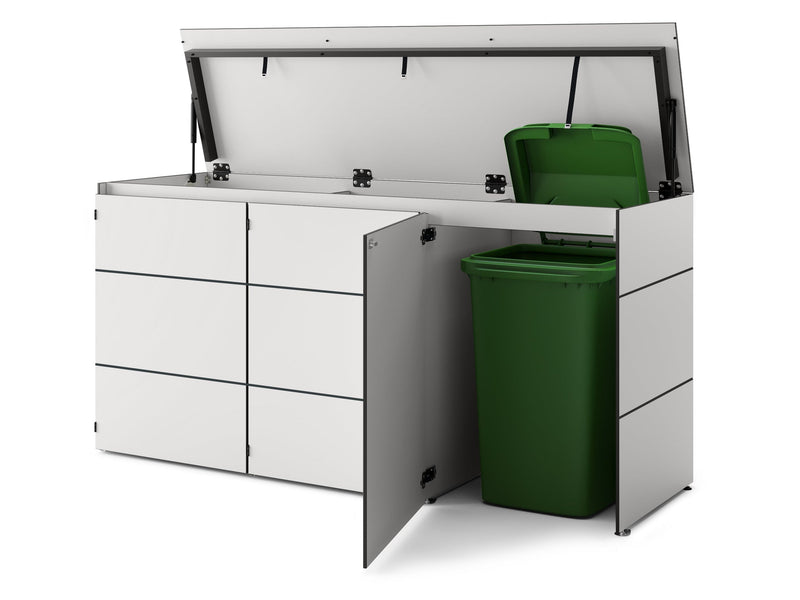 Geöffnete weiße HIDEA Design Mülltonnenbox für drei Mülltonnen mit moderner Fugenoptik, hochgeklapptem Deckel und geöffneter Fronttür