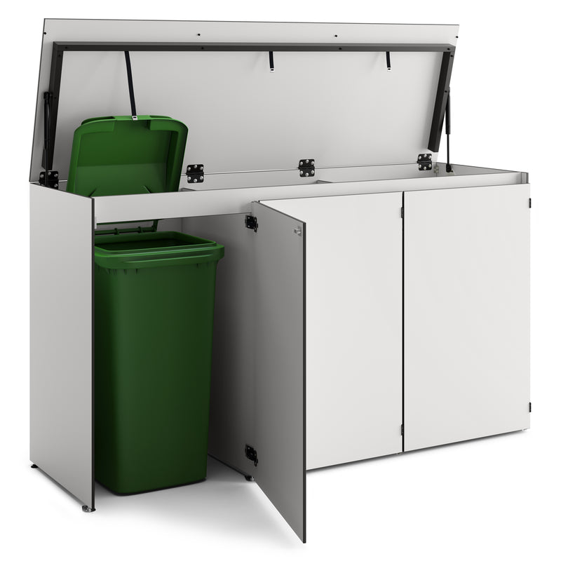 Geöffnete weiße HIDEA Design Mülltonnenbox für drei Mülltonnen aus wetterfestem HPL mit hochgeklapptem Deckel und geöffneter Fronttür