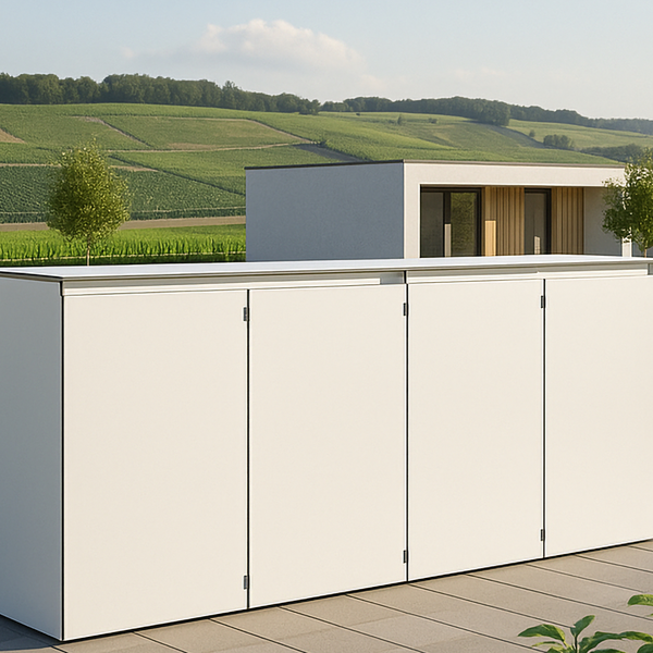 Weiße HIDEA Design Mülltonnenbox für vier Mülltonnen in einem modernen Garten vor einem Wohnhaus, wetterfest und formschön für den Außenbereich